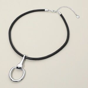 Metal Horsebit Pendant Faux Leather Cord Necklace